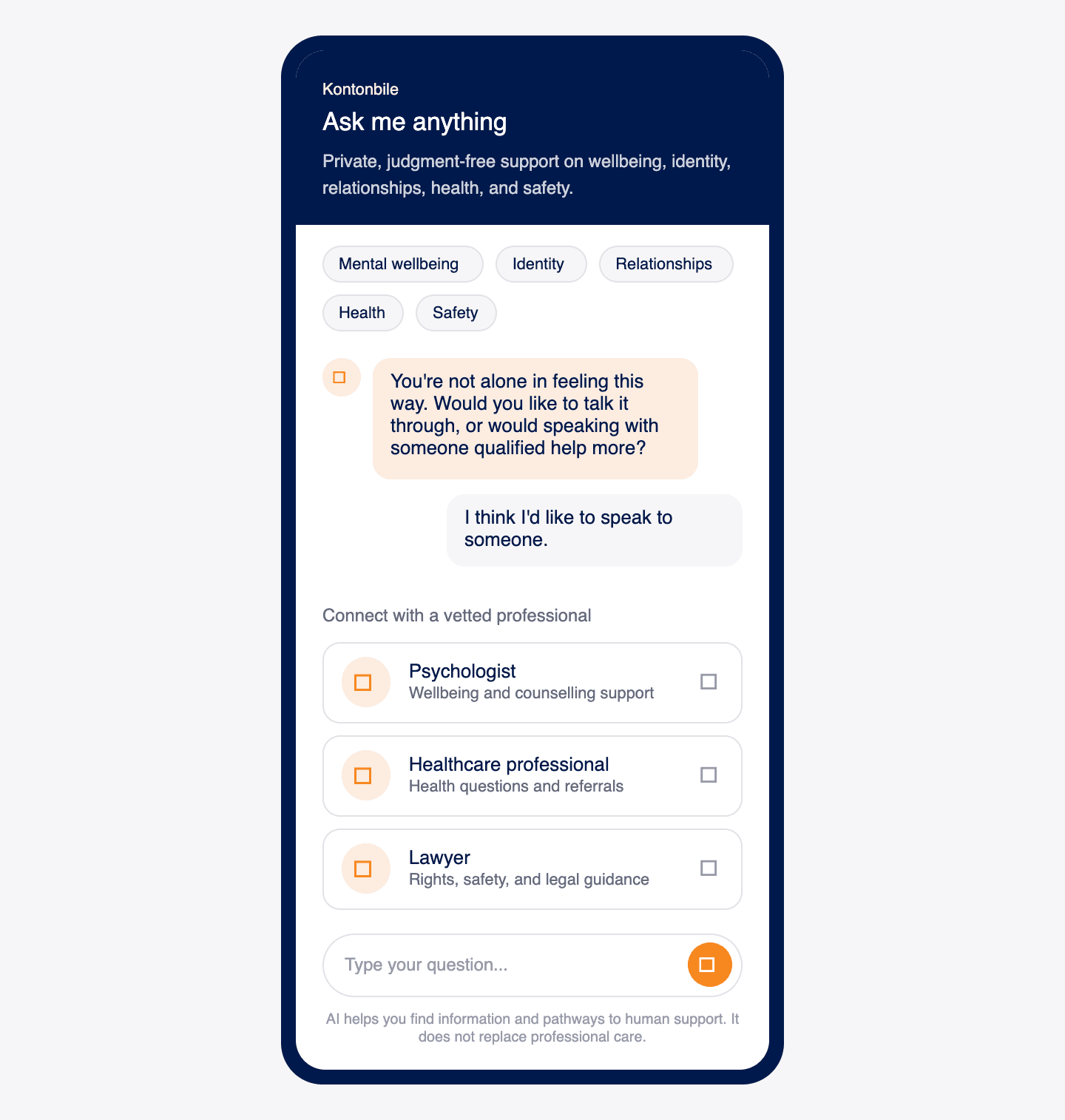 Walansi Kontonbile's Ask Me Anything interface, connecting a student to a vetted professional volunteer